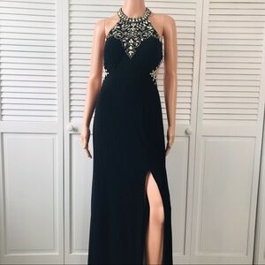 PRICE IS FIRM - BETSY & ADAM Black Beaded Halter Jersey Long Prom Dress Size 6